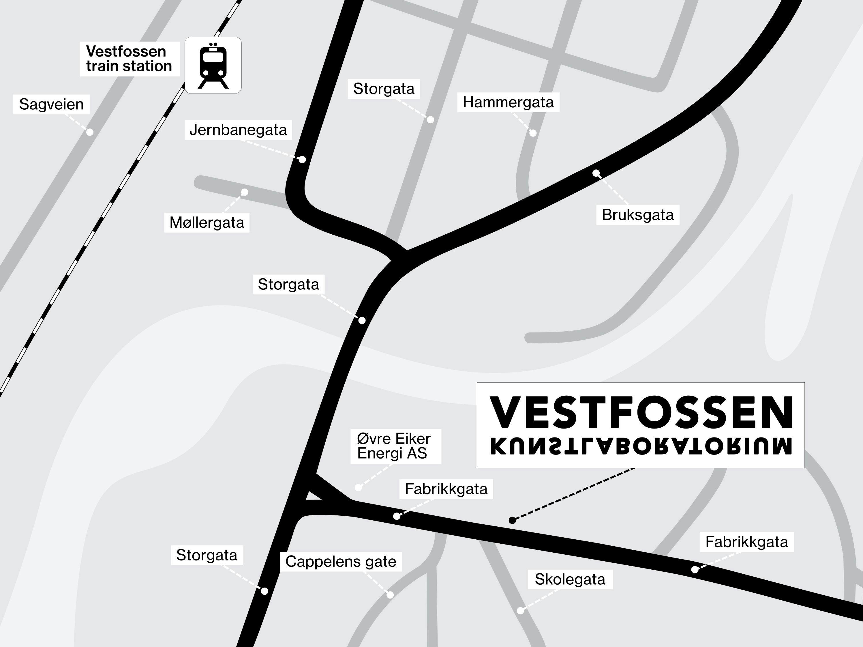 Kart med oversikt over nærområdet rundt Vestfossen Kunstlaboratorium